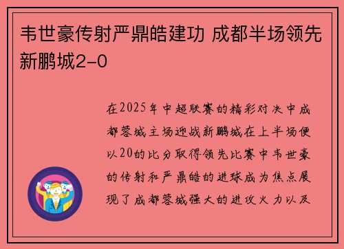 韦世豪传射严鼎皓建功 成都半场领先新鹏城2-0