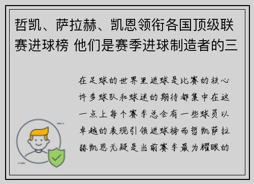 哲凯、萨拉赫、凯恩领衔各国顶级联赛进球榜 他们是赛季进球制造者的三巨头