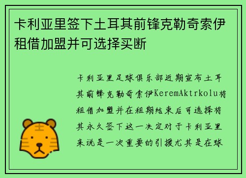卡利亚里签下土耳其前锋克勒奇索伊租借加盟并可选择买断